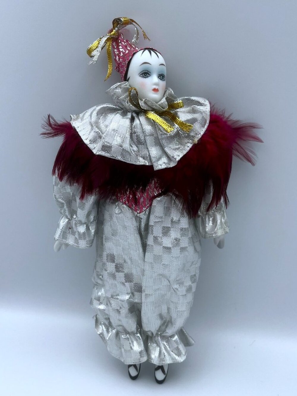 Vintage Pierrot Porcelain Clown Doll – Shiny Silver Metallic Costume – 10 Inches